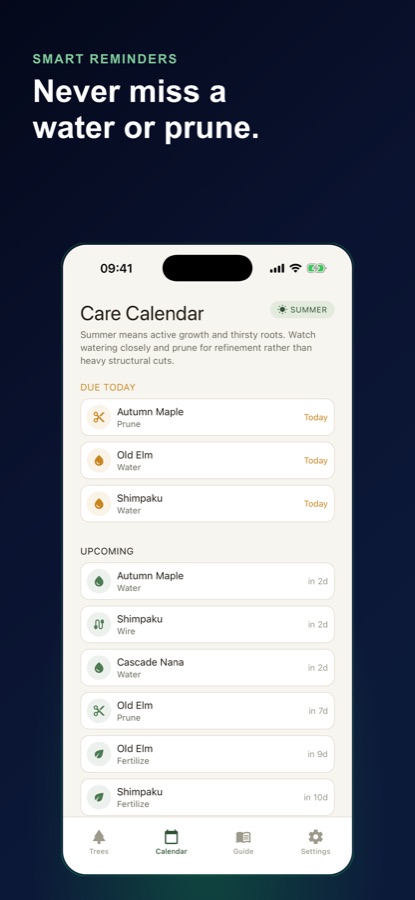 Bonsai Care screen for recording a care task such as watering or pruning