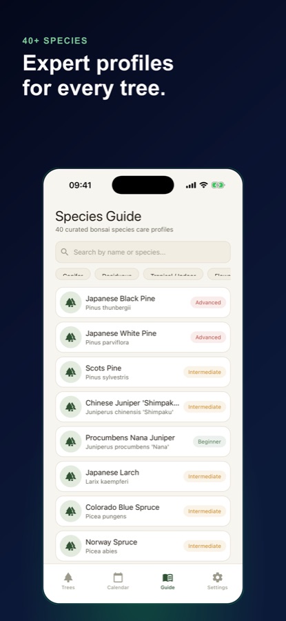 Bonsai Care calendar screen showing care tasks across the collection