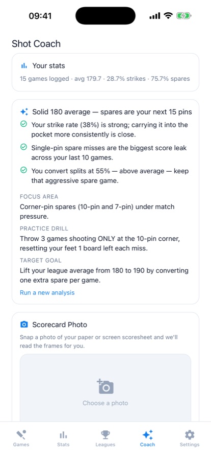 Shot Coach screen showing logged stats, a headline read, insights, a focus area, a practice drill, a target goal, and a scorecard photo picker