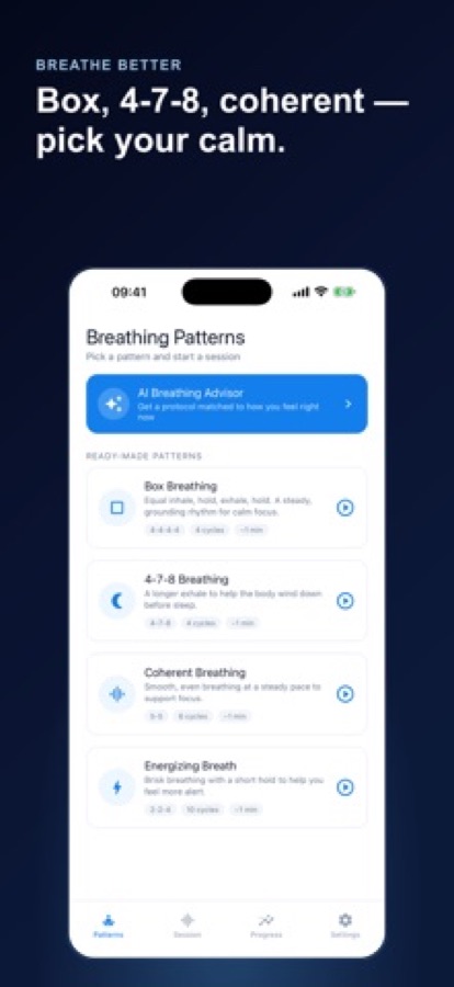 Breathing Patterns screen listing an AI Breathing Advisor and four ready-made patterns with their timings