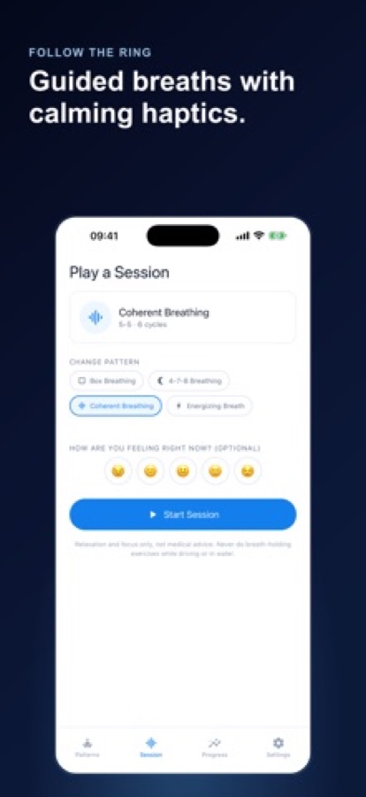 Play a Session screen with coherent breathing selected, a mood row and a Start Session button