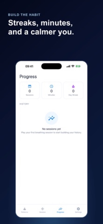 Progress screen with sessions, minutes and day streak all at zero and an empty history
