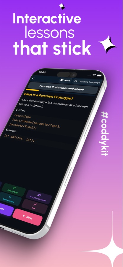 Leksjonsskjerm i C Programming-appen i det arabiske grensesnittet, der What is C-leksjonen startes med et tips fra AI Mentor