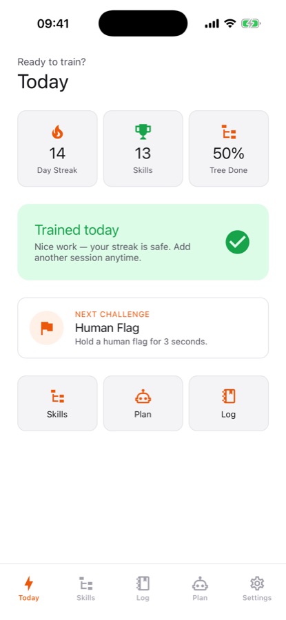 Calisthenics Workout Log Today screen showing a 14-day streak, 13 skills unlocked, 50 percent tree completion and the next challenge