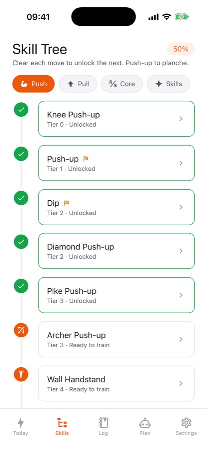 Calisthenics Workout Log skill tree screen showing the Push path with knee push-up, push-up, dip, diamond push-up and pike push-up unlocked