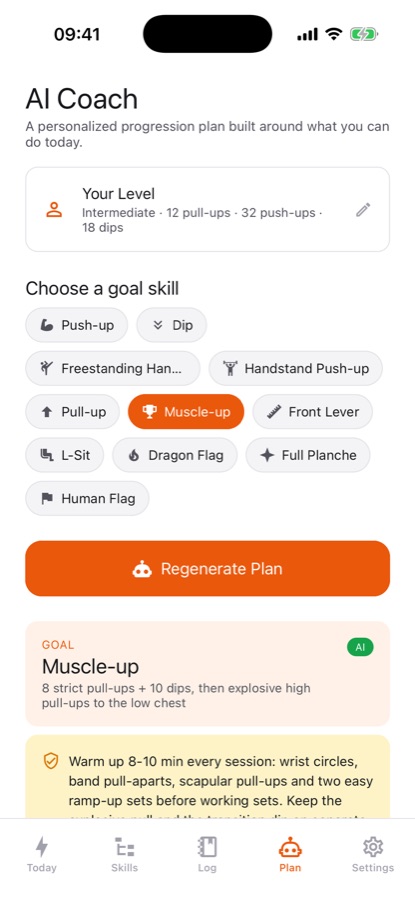 Calisthenics Workout Log AI coach screen showing a goal of muscle-up with a progression plan and warm-up instructions