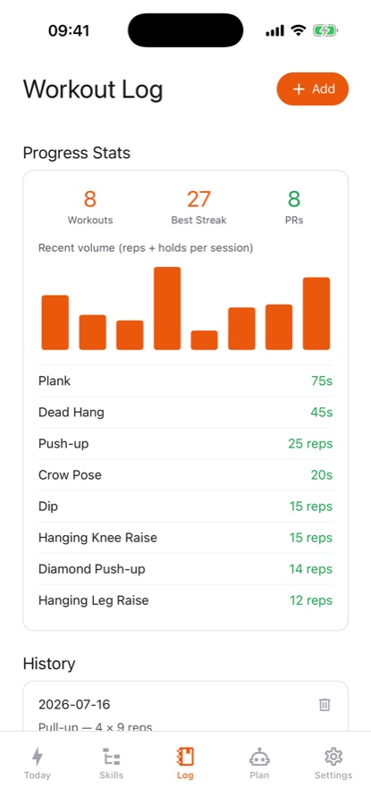 Calisthenics Workout Log workout log screen showing progress stats, recent volume chart and a history of logged exercises