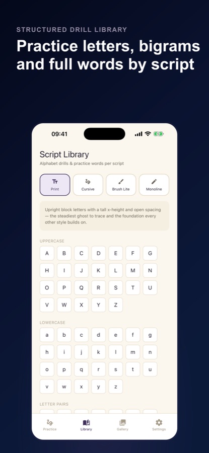 Print、Cursive、Brush Lite、Monolineのタブと、大文字・小文字の文字ドリルを備えたScript Library
