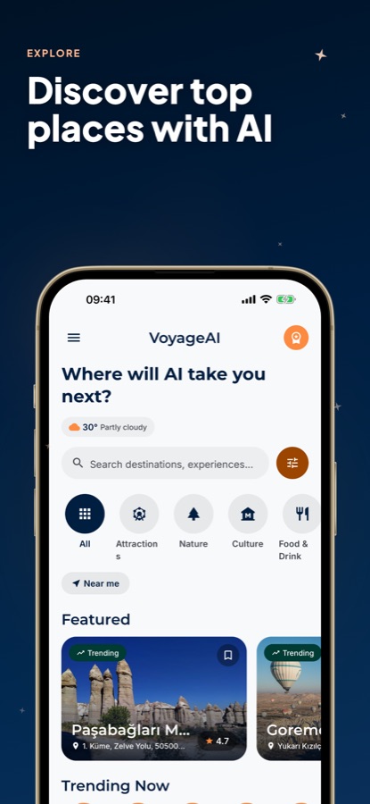 AI Travel Guide - Cappadocia explore screen with search, category filters and featured places including Pasabag fairy chimneys
