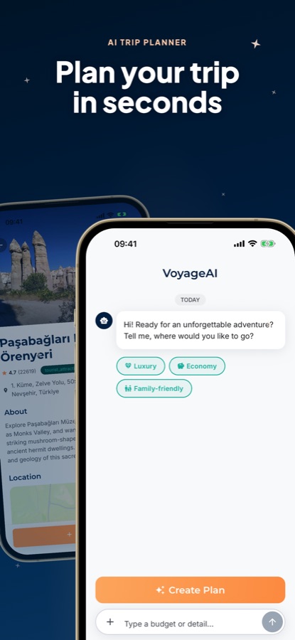 AI Travel Guide - Cappadocia AI trip planner chat screen with budget style options and a fairy chimney detail screen behind it