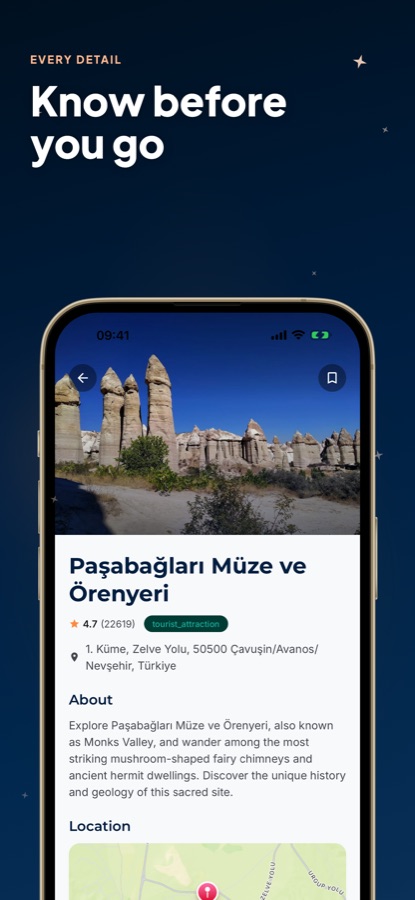 AI Travel Guide - Cappadocia place detail screen for Pasabag Monks Valley with rating, address and location map