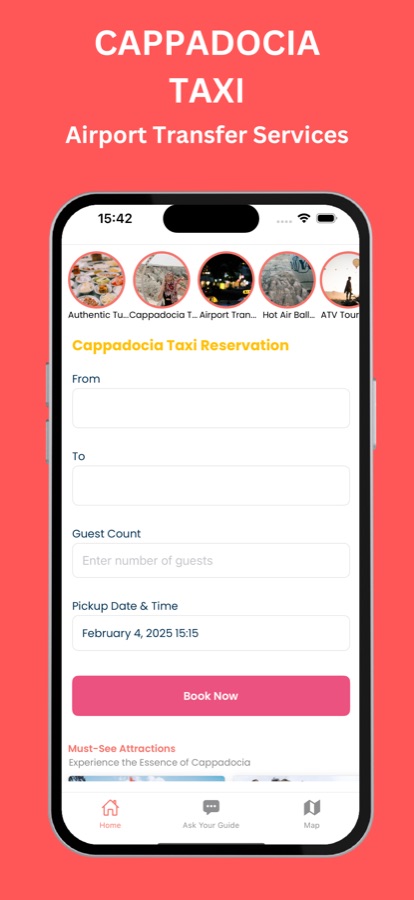 Cappadocia Taxi home screen with a From and To field, guest count, pickup date and time, and a confirm button
