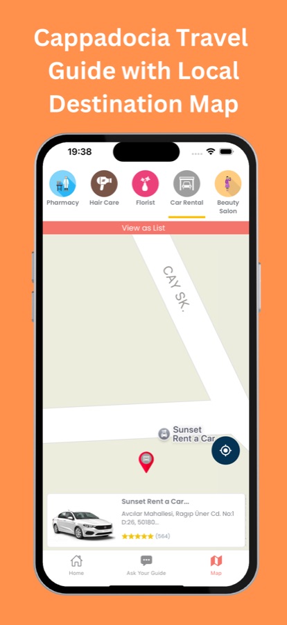 Cappadocia Taxi map screen showing nearby car rental, pharmacy, hair care, florist and beauty salon locations