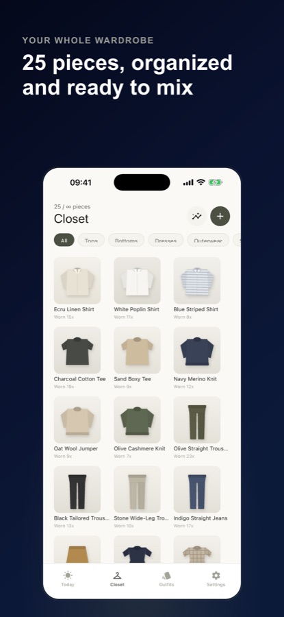 Capsule Wardrobe closet screen listing garments by category