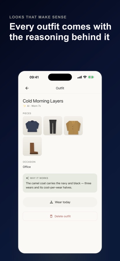 Capsule Wardrobe outfit detail screen showing pieces and the reasoning behind the pairing