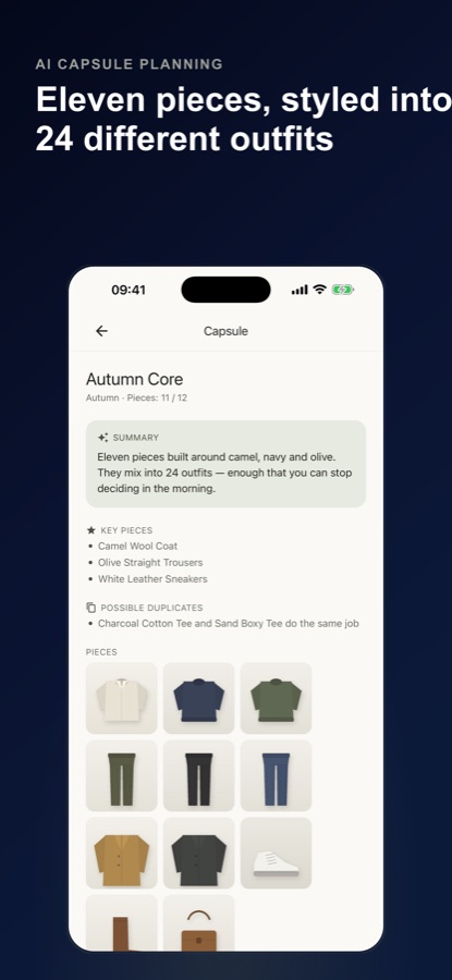 Capsule Wardrobe capsule planning screen showing key pieces and possible duplicates