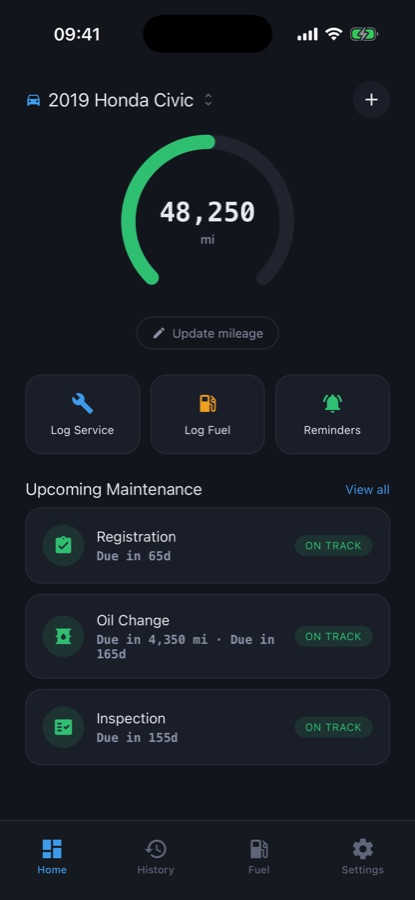 Car Maintenance Log home screen showing a vehicle's mileage gauge and upcoming maintenance reminders