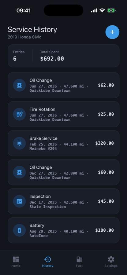 Car Maintenance Log service history screen listing past jobs with date, mileage and cost
