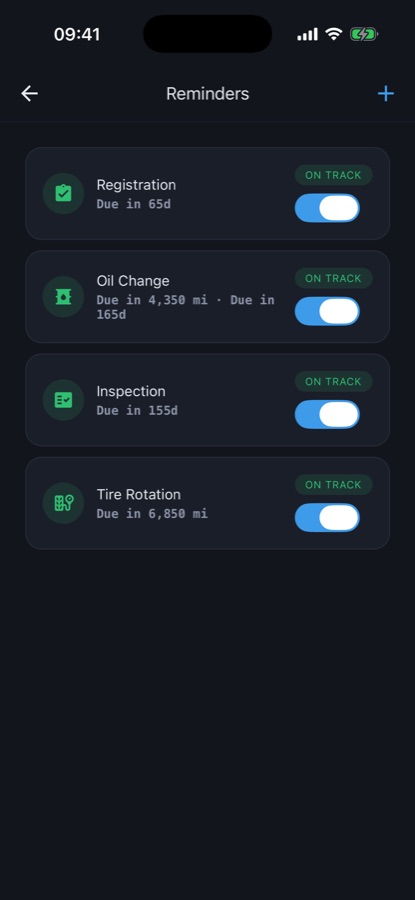 Car Maintenance Log reminders screen listing upcoming maintenance with on-track status toggles