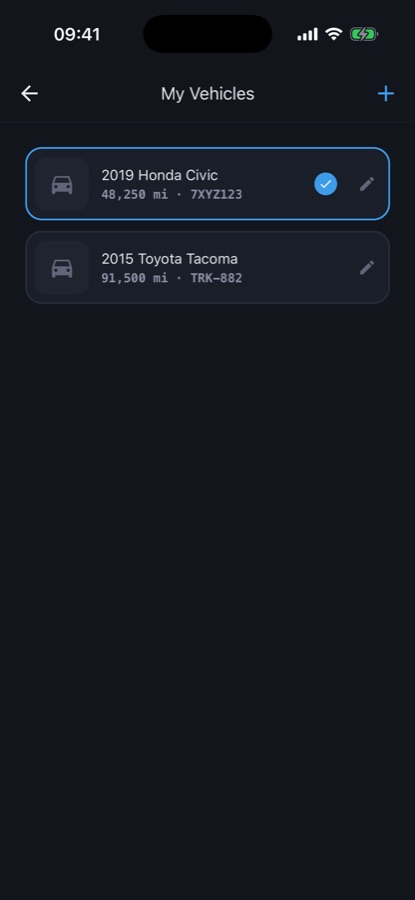Car Maintenance Log vehicle list screen showing two vehicles with mileage and license plate