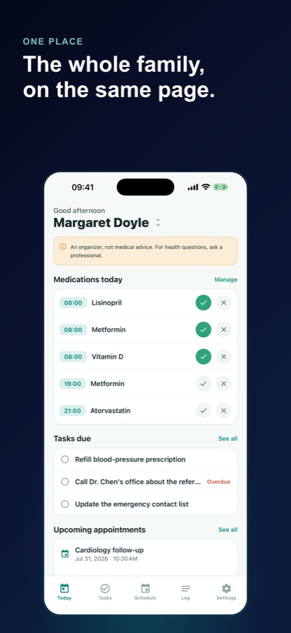 Caregiver Planner Today screen showing medication checklist, tasks due and an upcoming cardiology appointment