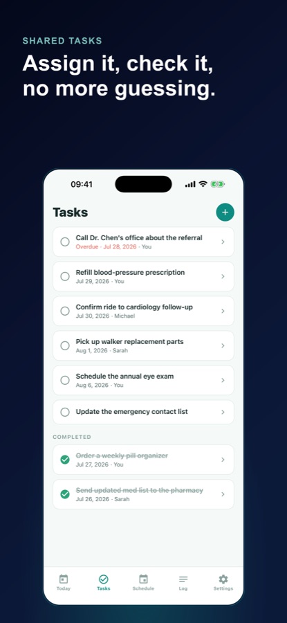 Caregiver Planner Tasks screen showing shared tasks assigned to different family members with due dates