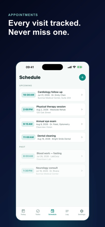Caregiver Planner Schedule screen listing upcoming and past doctor appointments with time and location