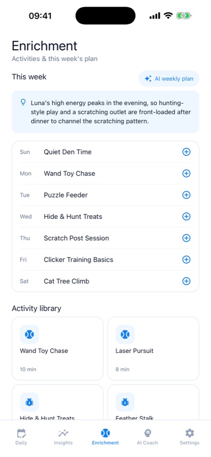 Enrichment screen with a weekly plan from Sunday to Saturday and an activity library