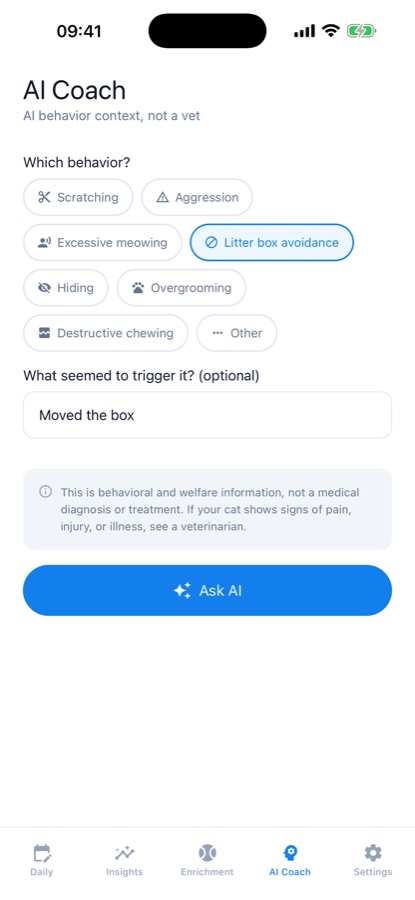AI Coach screen with behavior chips, an optional trigger field and a note that it is not a medical diagnosis
