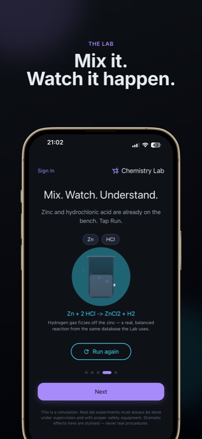 Reaktionsbildschirm von Chemistry Lab mit Zink und Salzsäure, einer ausgeglichenen Gleichung und einer Schaltfläche „Erneut ausführen“