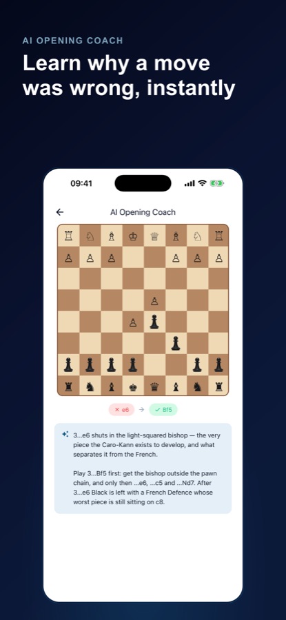 Ansicht des AI Coach mit einem falschen Zug, dem besseren Zug und einer schriftlichen Erklärung