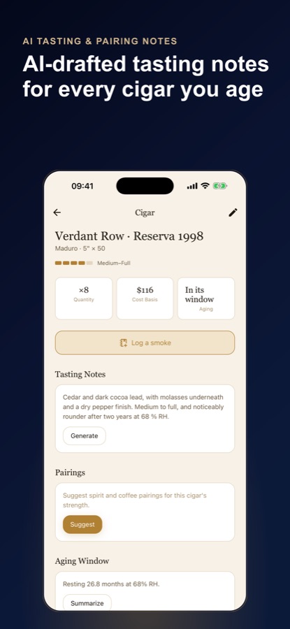 Cigar Humidor cigar detail screen with AI-generated tasting notes and pairing suggestions