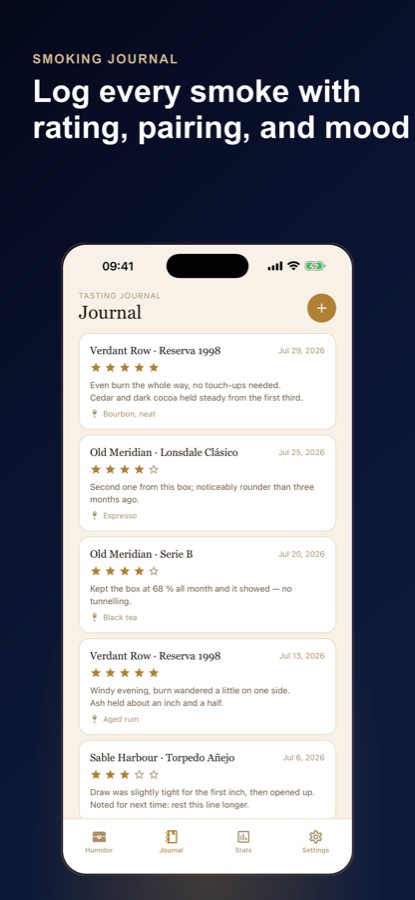 Cigar Humidor journal screen listing tasting entries with star ratings and pairings