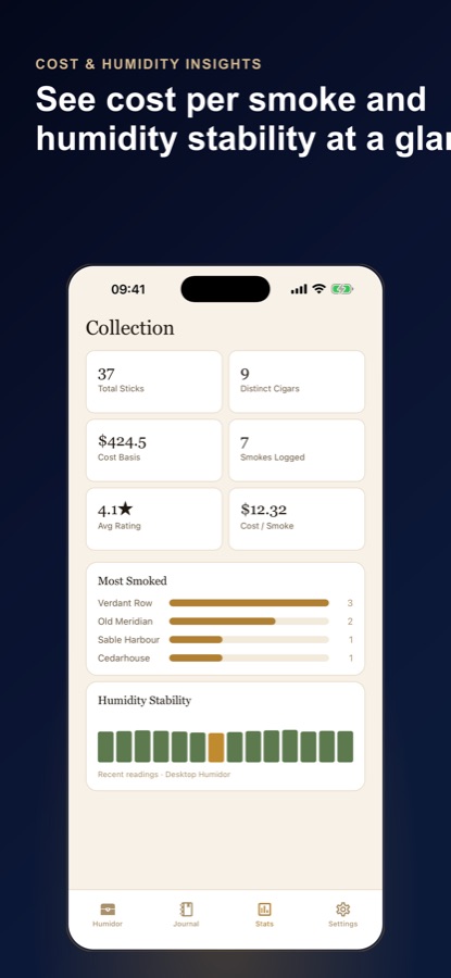 Cigar Humidor stats screen showing collection totals, cost per smoke and humidity stability