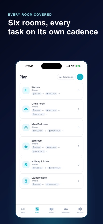 Cleaning Schedule Plan screen listing six rooms with the number of daily, weekly and monthly tasks in each