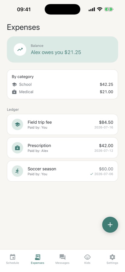 CoParenting Planner screen showing who the child is with today and the next upcoming handoff