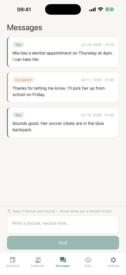 CoParenting Planner screen showing logged child expenses and a running balance between parents