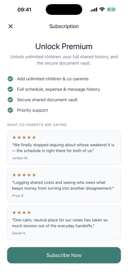 CoParenting Planner screen showing the child profile and stored family documents
