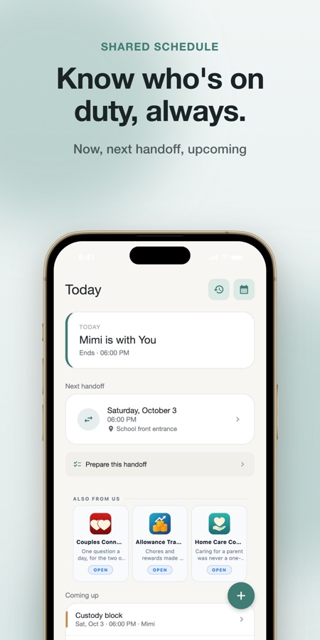 Co-Parenting: Custody Calendar“今天”页面,显示孩子当前与谁在一起、下一次交接的时间和地点,以及即将到来的监护时间段
