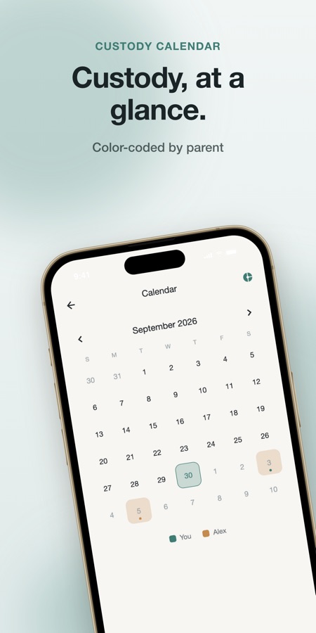 Co-Parenting: Custody Calendar“费用”页面,显示当前余额、按类别统计的总额,以及孩子费用的明细账