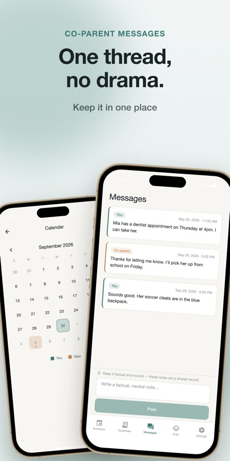 Co-Parenting: Custody Calendar“孩子”页面,显示孩子档案、“添加孩子”按钮和“文件”入口