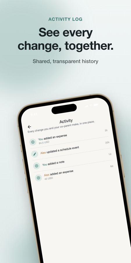 Activity screen listing recent changes such as You added an expense, Alex updated a schedule event and You added a note