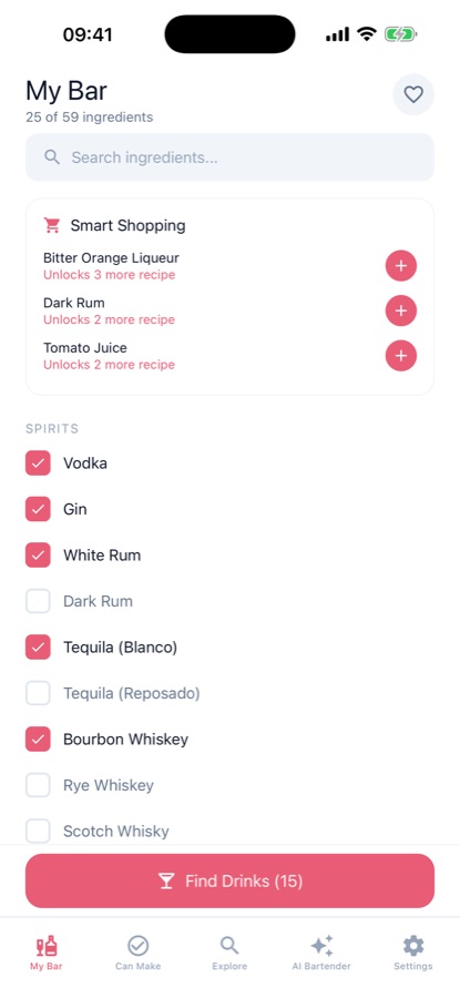 Cocktails Home Bartender My Bar screen showing checked-off spirits and Smart Shopping suggestions