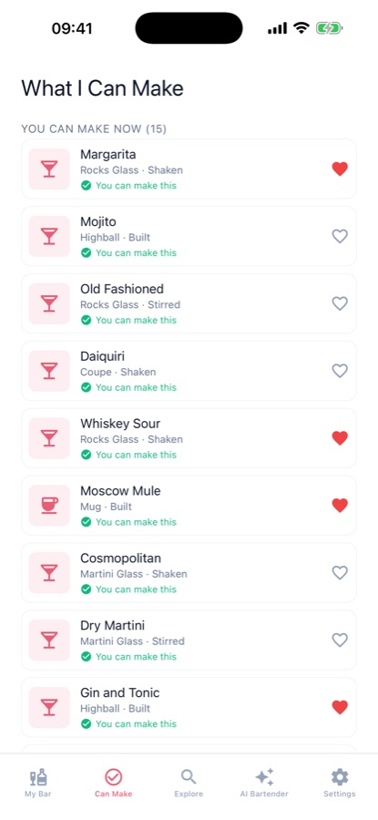 Cocktails Home Bartender What I Can Make screen listing cocktails buildable from the checked ingredients