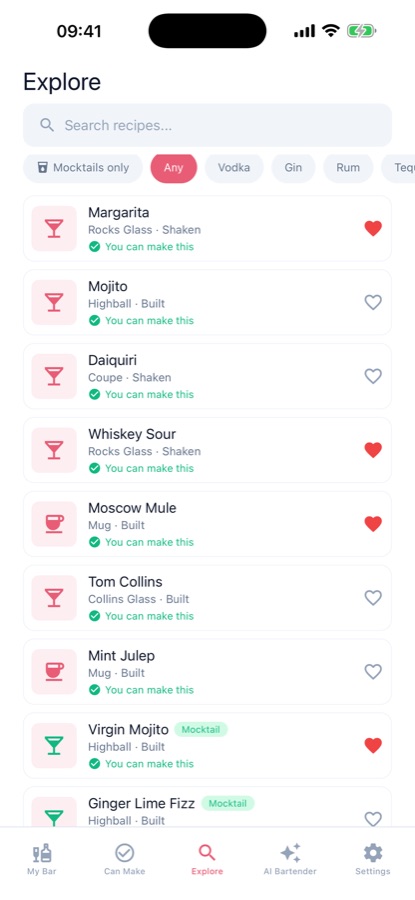 Cocktails Home Bartender Explore screen with a Mocktails Only filter and base-spirit filters