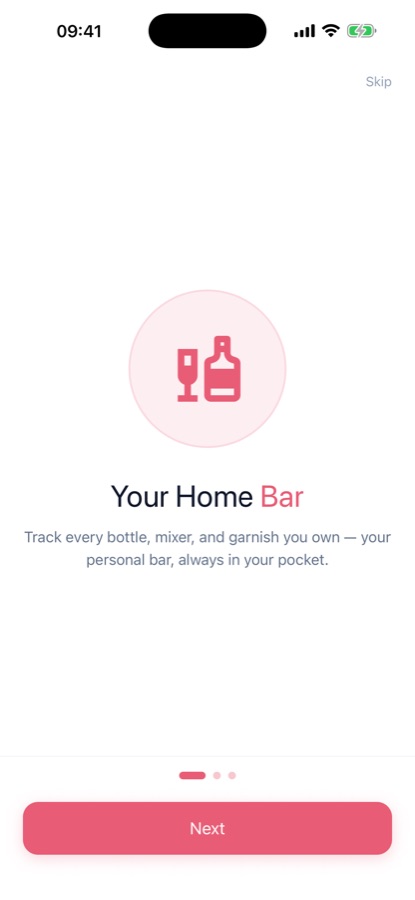 Cocktails Home Bartender onboarding screen introducing the home bar tracking concept