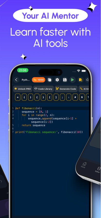 Koodieditori, jossa näkyy Python-Fibonacci-funktio, rivinumerot ja symbolinäppäinten rivi näppäimistön yläpuolella