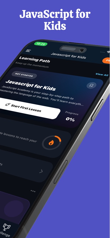 Lernpfadkarte mit dem Titel JavaScript für Kinder, einer Start First Lesson-Schaltfläche und 0 Prozent Fortschritt