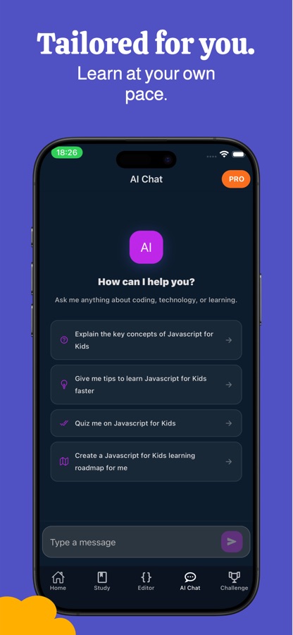AI-Chat-Bildschirm mit vier vorgeschlagenen Eingaben zum Erklären von Konzepten, Lerntipps, einem Quiz und einem Lernplan