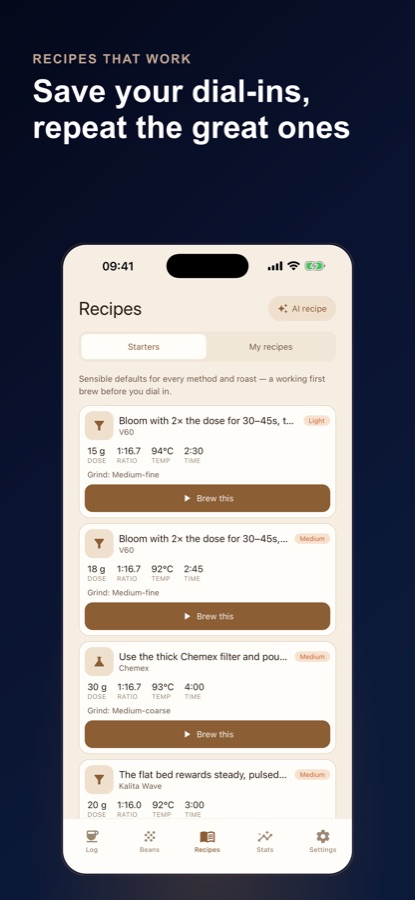 Pantalla de recetas con las pestañas Iniciales y Mis recetas, que muestra recetas de V60 y Chemex con dosis, proporción, temperatura y tiempo